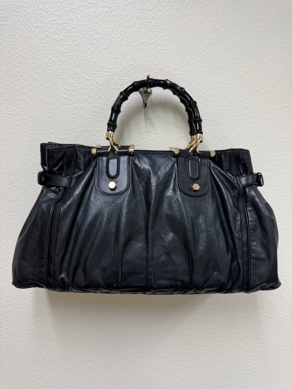 Authentic GUCCI Bamboo Pop Vintage Black Leather Satchel.